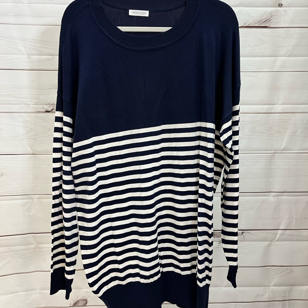 New navy and white sweater with elbow patches